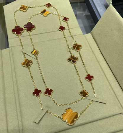[Royal Jewellery]CLOVER 16 MOTIF CARNELIAN TIGER EYE ROSE GOLD NECKLACE