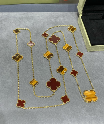 [Royal Jewellery]CLOVER 16 MOTIF CARNELIAN TIGER EYE ROSE GOLD NECKLACE