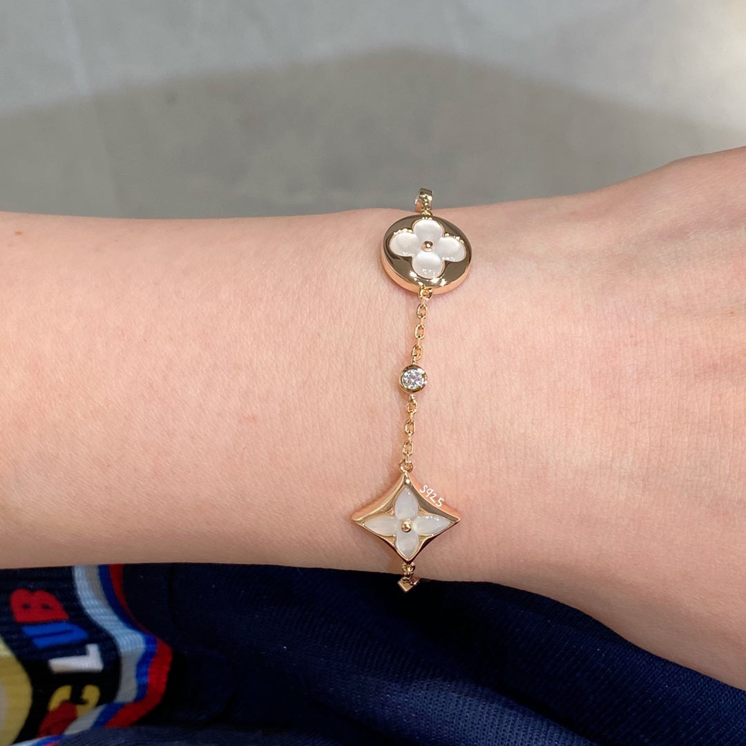 [Royal Jewellery]STAR AND SUN 4 MOTIF WHITE MOP PINK GOLD BRACELET