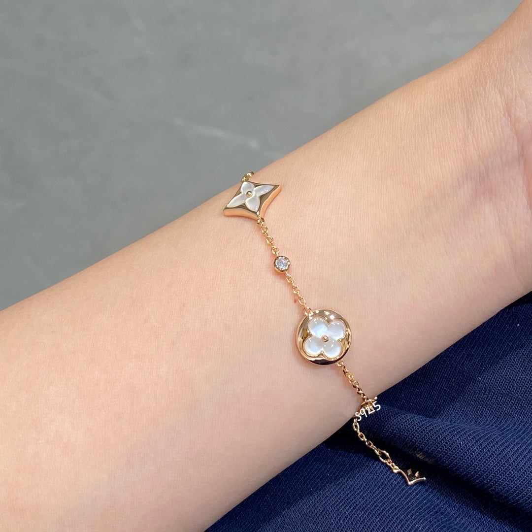 [Royal Jewellery]STAR AND SUN 4 MOTIF WHITE MOP PINK GOLD BRACELET