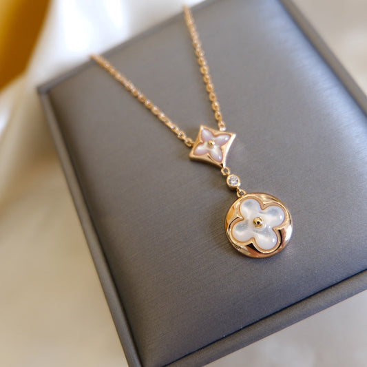 [Royal Jewellery]STAR AND SUN WHITE MOP 2 MOTIF PINK GOLD NECKLACE