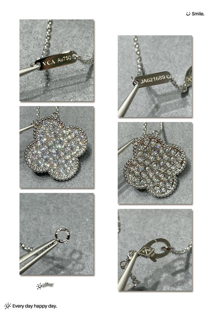 [Royal Jewellery]CLOVER 25MM LARGE PENDANT DIAMOND PAVED SILVER NECKLACE