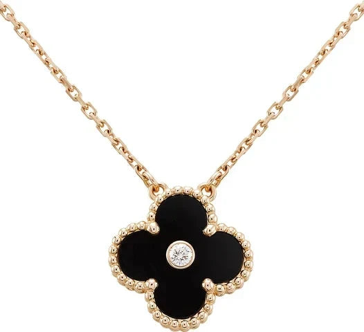 [Royal Jewellery]CLOVER 15MM DIAMOND ONYX NECKLACE