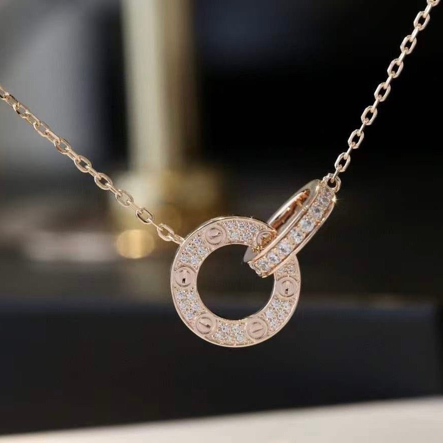 [Royal Jewellery]LOVE 7.6MM NECKLACE ROSE GOLD AND SILVER  FULL DIAMOND