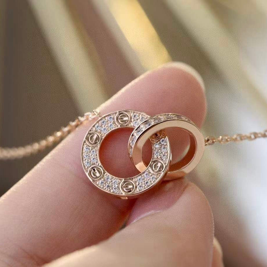[Royal Jewellery]LOVE 7.6MM NECKLACE ROSE GOLD AND SILVER  FULL DIAMOND