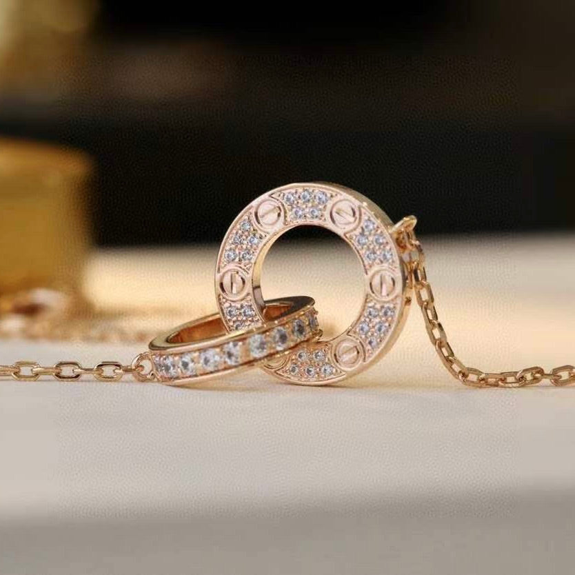 [Royal Jewellery]LOVE 7.6MM NECKLACE ROSE GOLD AND SILVER  FULL DIAMOND