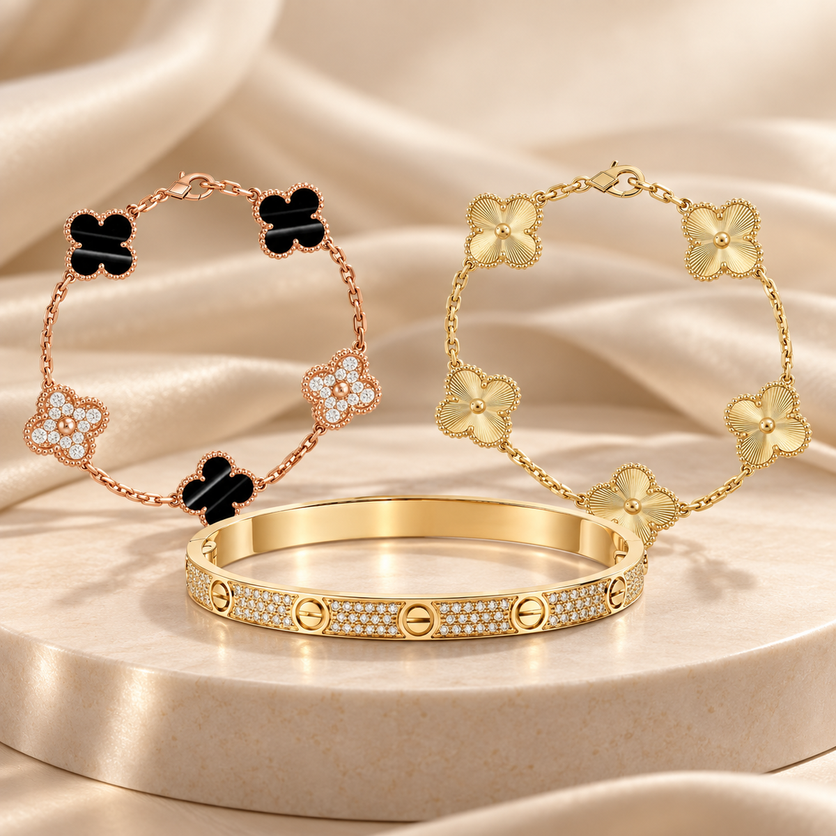 [Royal]Clover Laser  Pulsar Stone 5-Motif & LOVE Diamond-Paved Bracelet Stack Set