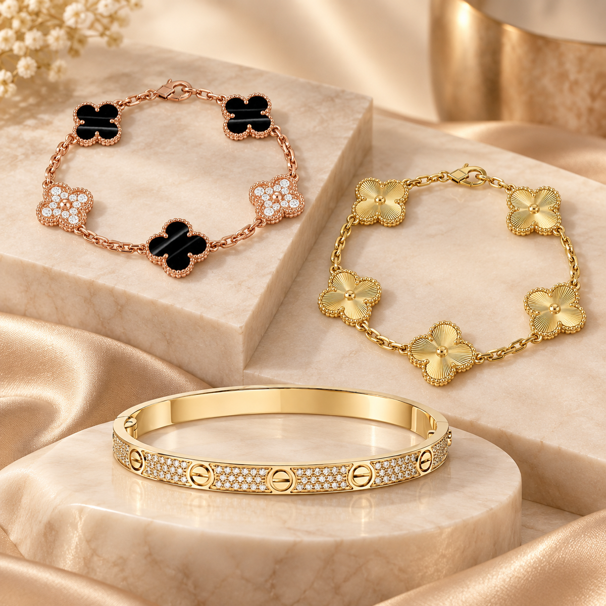 [Royal]Clover Laser  Pulsar Stone 5-Motif & LOVE Diamond-Paved Bracelet Stack Set