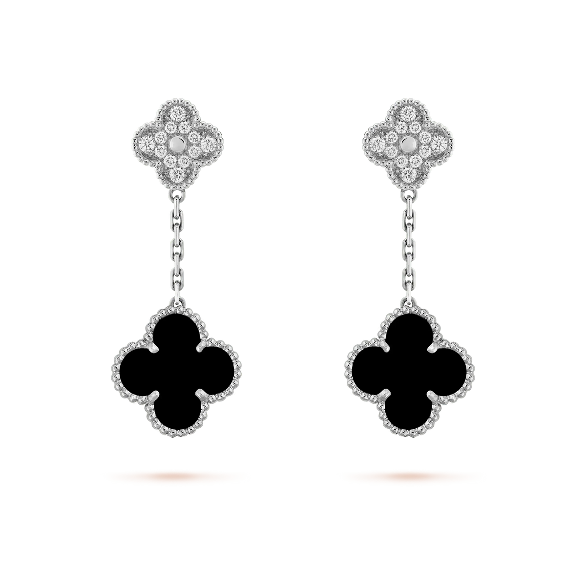 [Royal Jewellery]CLOVER 2 MOTIFS  DIAMOND ONYX EARRINGS SILVER