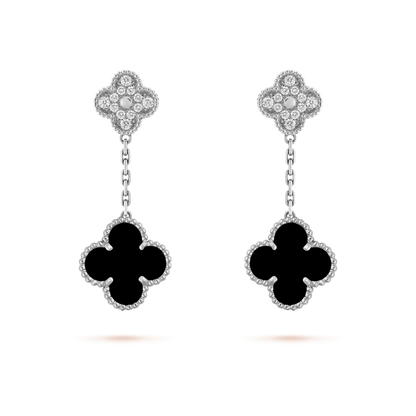 [Royal Jewellery]CLOVER 2 MOTIFS  DIAMOND ONYX EARRINGS SILVER