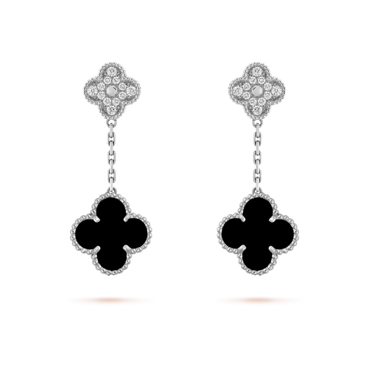 [Royal Jewellery]CLOVER 2 MOTIFS  DIAMOND ONYX EARRINGS SILVER