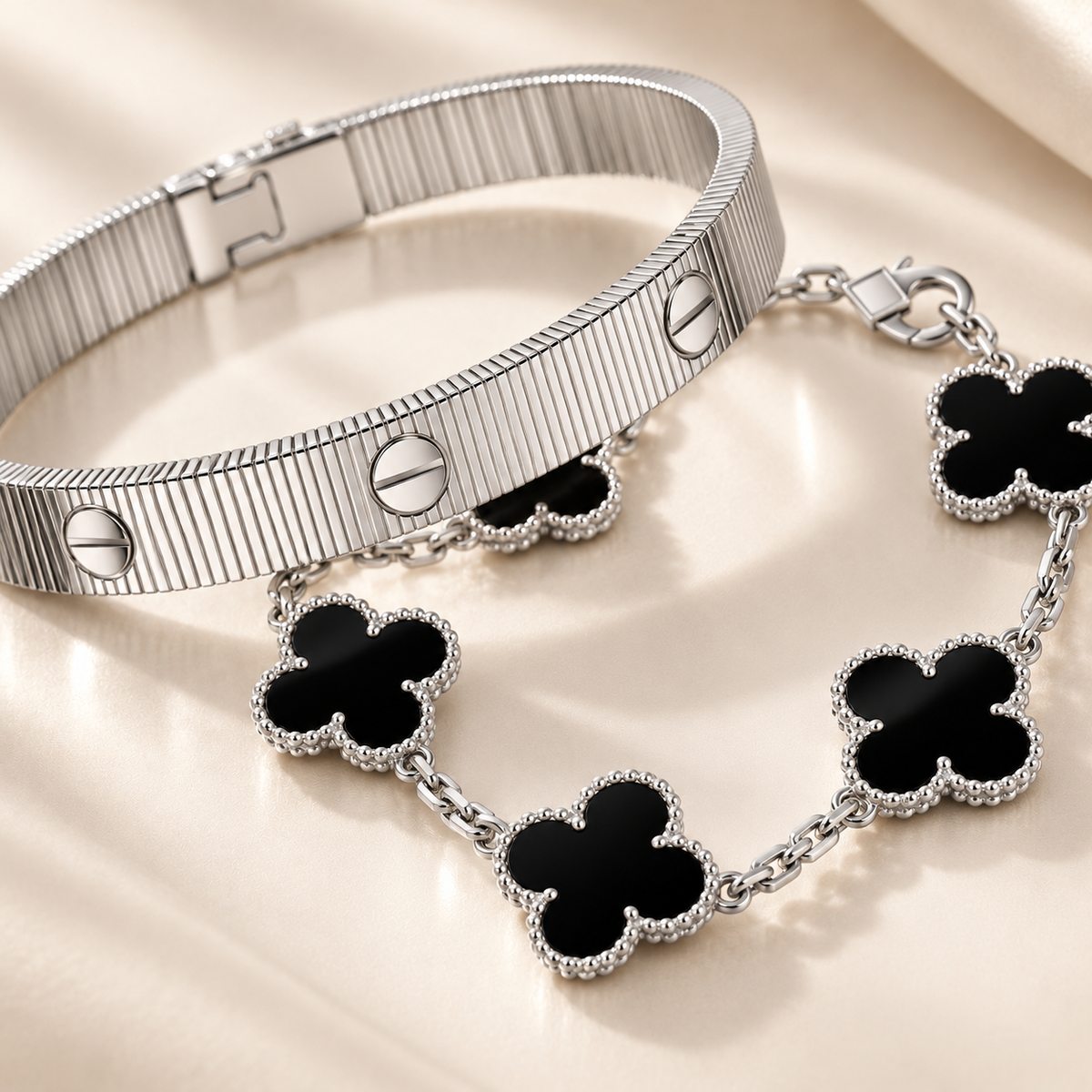 [Royal]Clover & Love Sliver 2-Piece Bracelet Stack Set