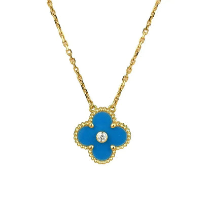 [Royal Jewellery]CLOVER 15MM DIAMOND AND BLUE AGATE NECKLACE