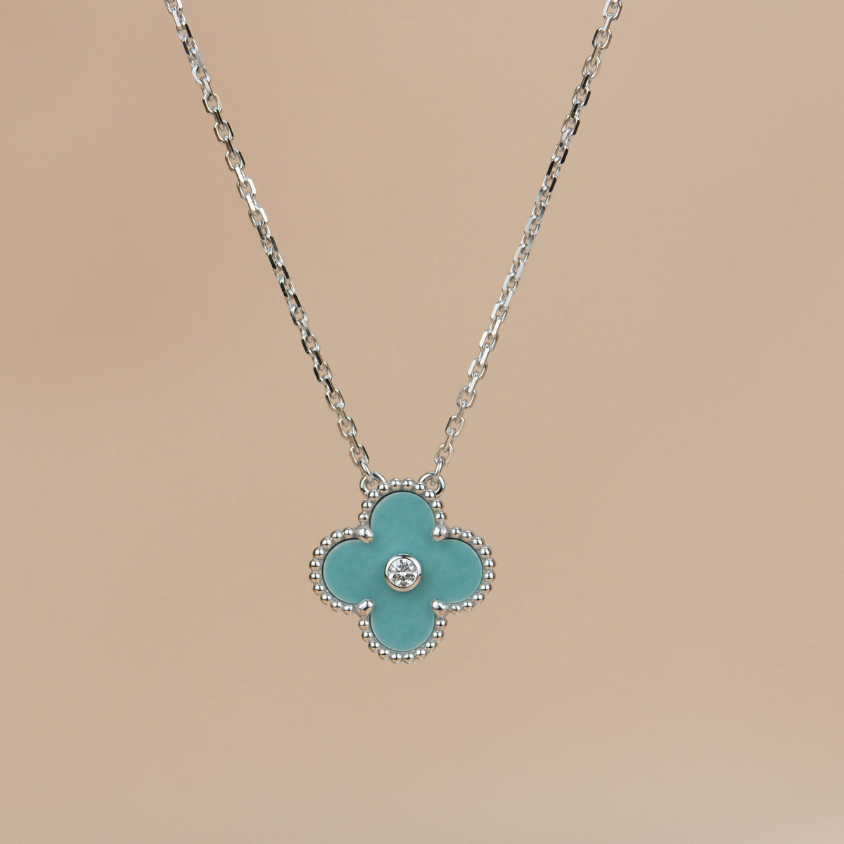 [Royal Jewellery]CLOVER 15MM DIAMOND SVRES PORCELAIN  NECKLACE SILVER