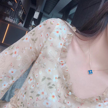 [Royal Jewellery]CLOVER 15MM DIAMOND AND BLUE AGATE NECKLACE