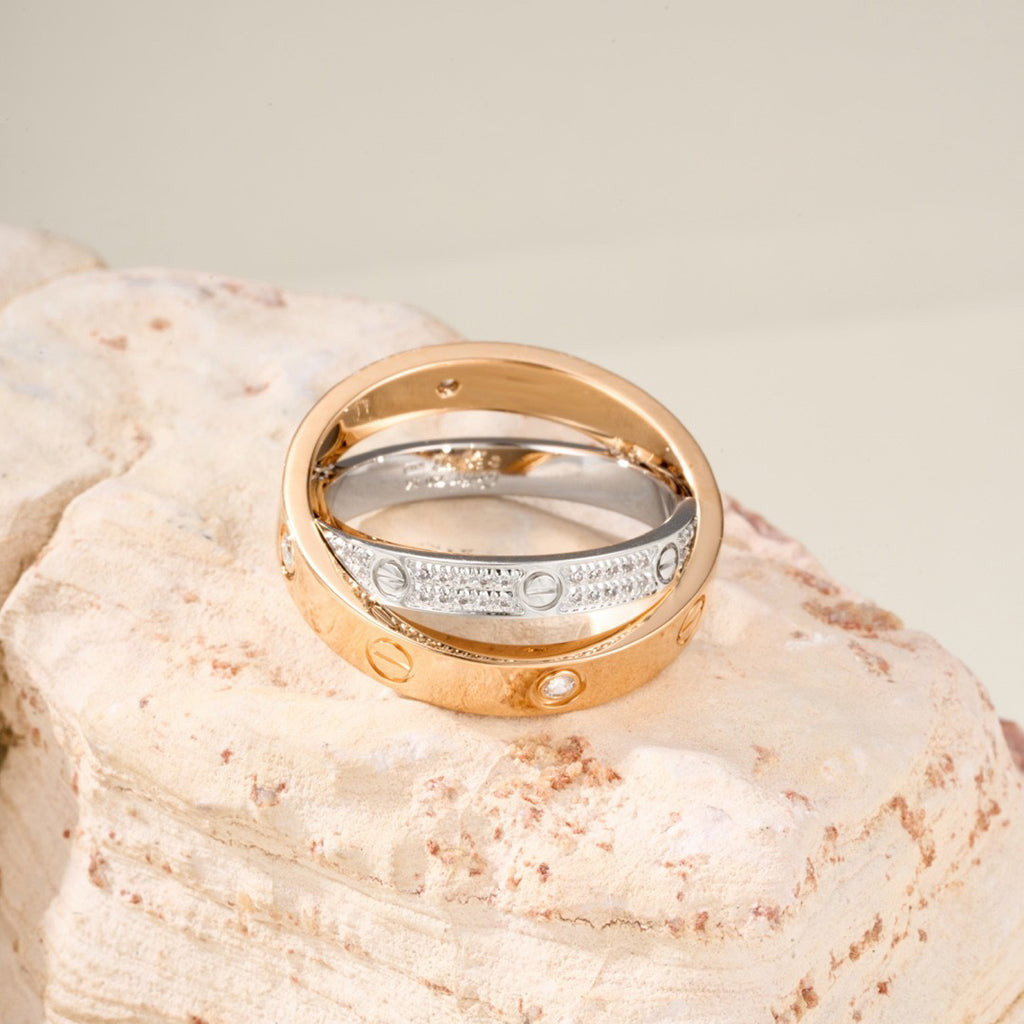 [Royal] LOVE PINK GOLD SILVER DIAMOND DOUBLE RING