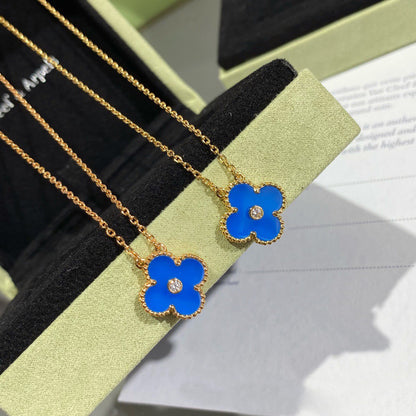 [Royal Jewellery]CLOVER 15MM DIAMOND AND BLUE AGATE NECKLACE