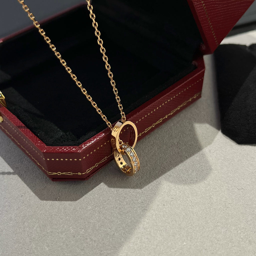 [Royal] LOVE DOUBLE RING HALF DIAMOND NECKLACE