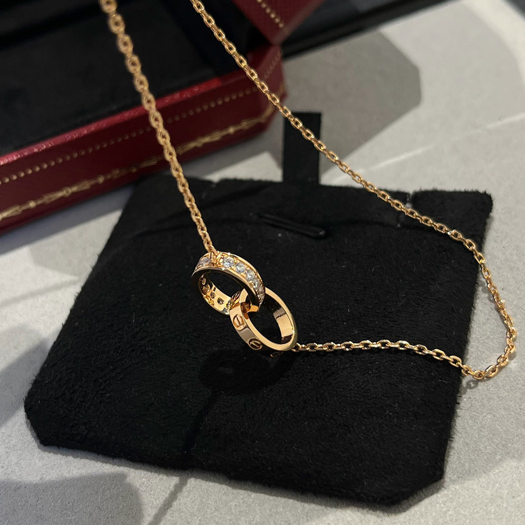 [Royal] LOVE DOUBLE RING HALF DIAMOND NECKLACE