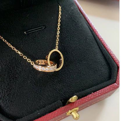 [Royal] LOVE DOUBLE RING HALF DIAMOND NECKLACE
