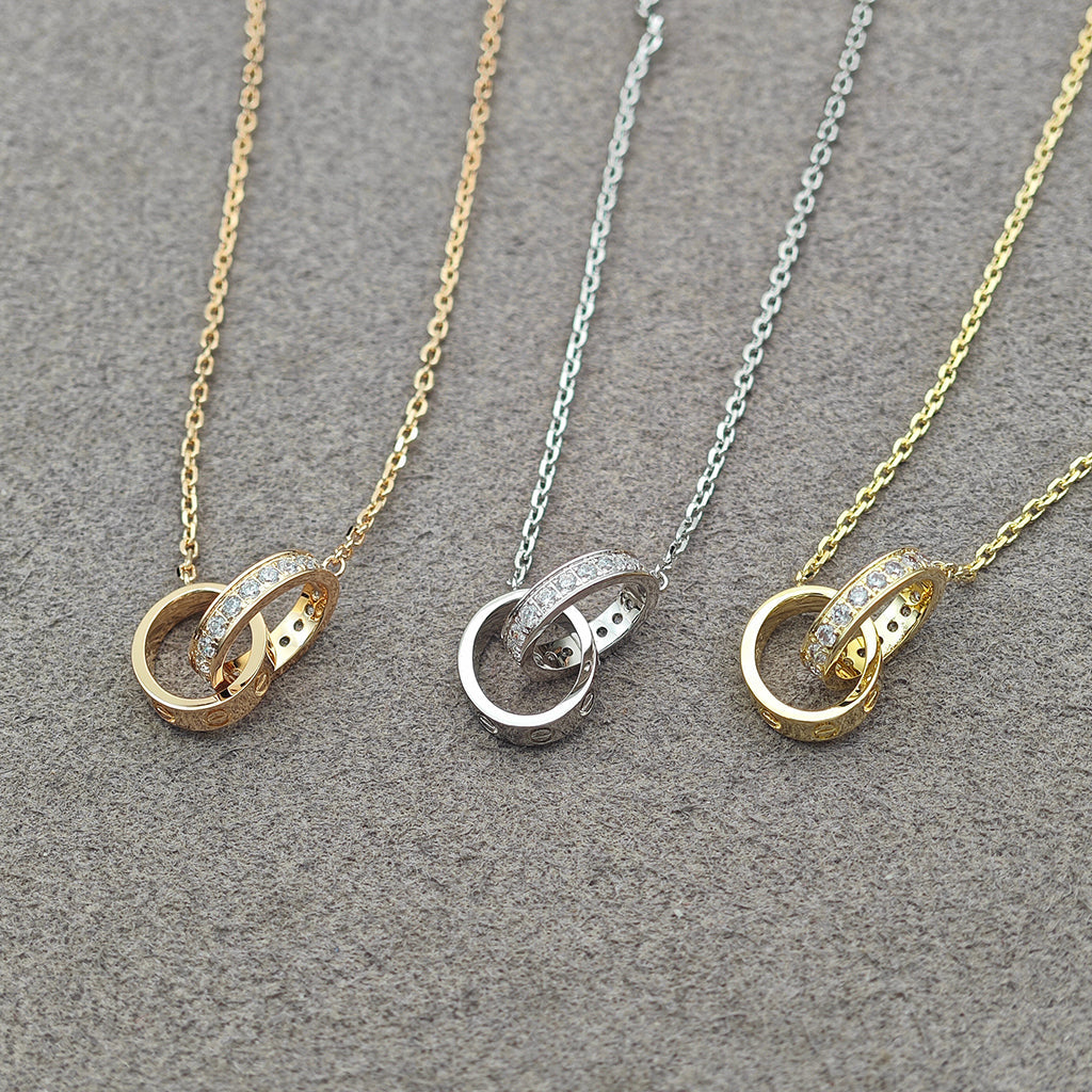 [Royal] LOVE DOUBLE RING HALF DIAMOND NECKLACE