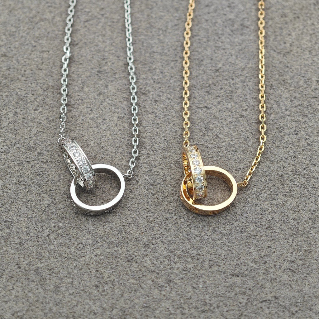 [Royal] LOVE DOUBLE RING HALF DIAMOND NECKLACE