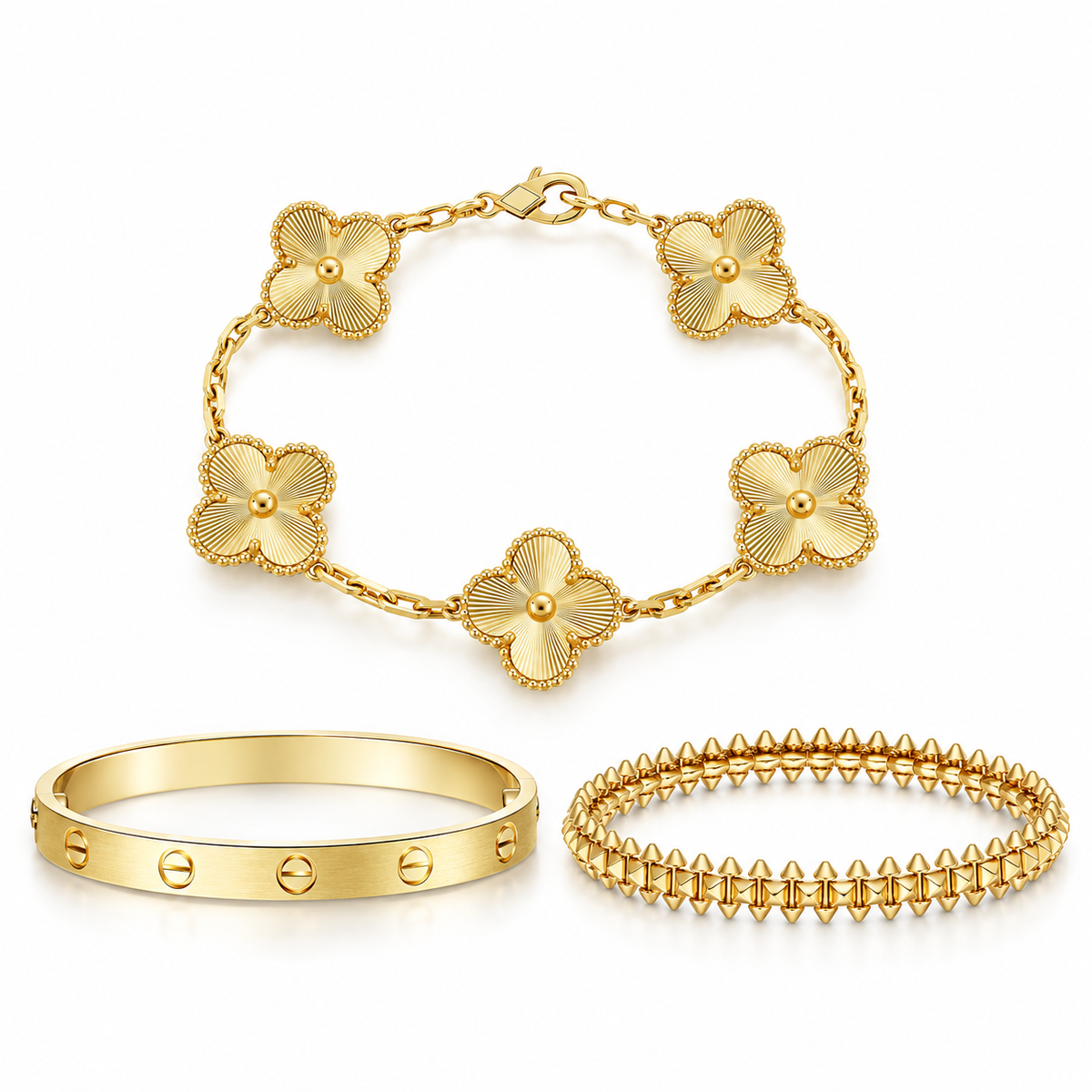 [Royal] CLASH & Clover Laser 5-Motif & LOVE Brushed Bracelet Stack Set