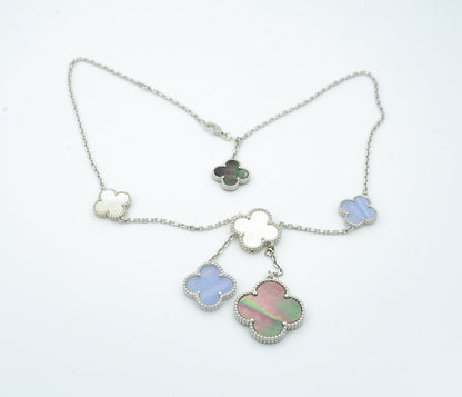 [Royal Jewellery]CLOVER MOP CHALCEDONY NECKLACE SILVER 6 MOTIF