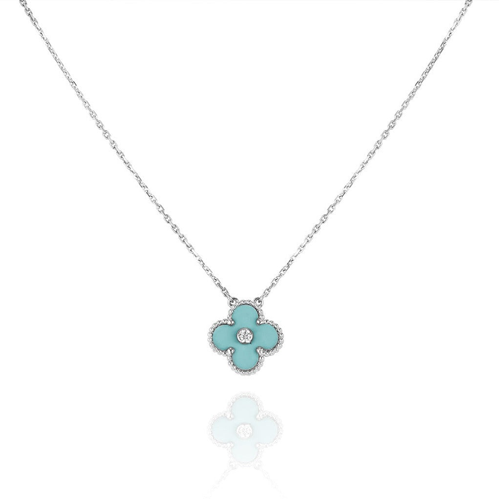 [Royal Jewellery]CLOVER 1 DIAMOND LIGHT BLUE SILVER NECKLACE