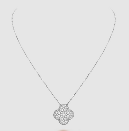 [Royal Jewellery]CLOVER 25MM LARGE PENDANT DIAMOND PAVED SILVER NECKLACE