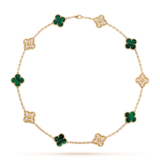 [Royal Jewellery]CLOVER 10 MOTIFS MALACHITE DIAMOND NECKLACE