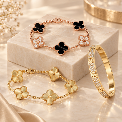 [Royal]Clover Laser  Pulsar Stone 5-Motif & LOVE Diamond-Paved Bracelet Stack Set
