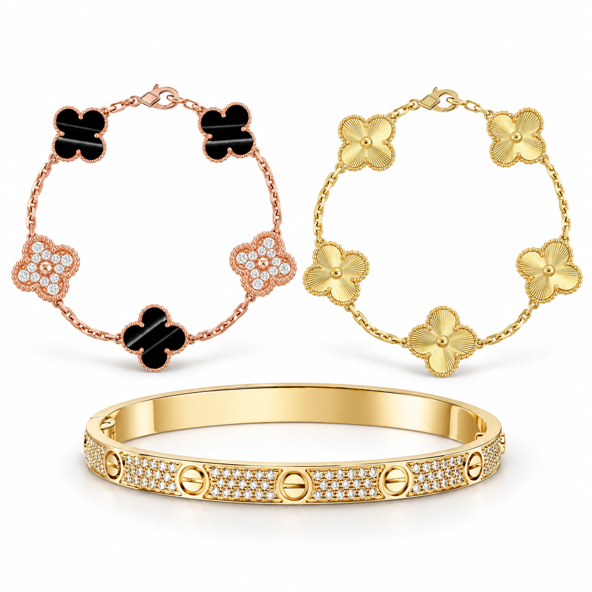 [Royal]Clover Laser  Pulsar Stone 5-Motif & LOVE Diamond-Paved Bracelet Stack Set