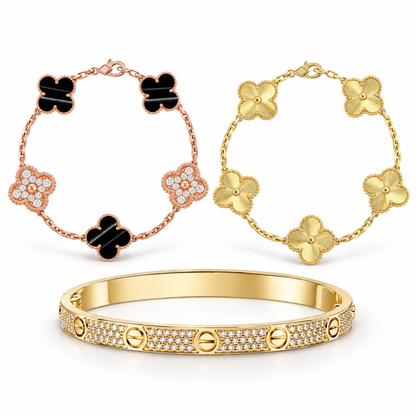 [Royal]Clover Laser  Pulsar Stone 5-Motif & LOVE Diamond-Paved Bracelet Stack Set