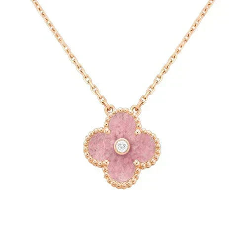 [Royal Jewellery]CLOVER 15MM DIAMOND RHODONITE NECKLACE