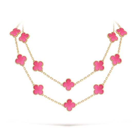 [Royal Jewellery] NEW CLOVER 20 MOTIFS PINK ENAMEL NECKLACE