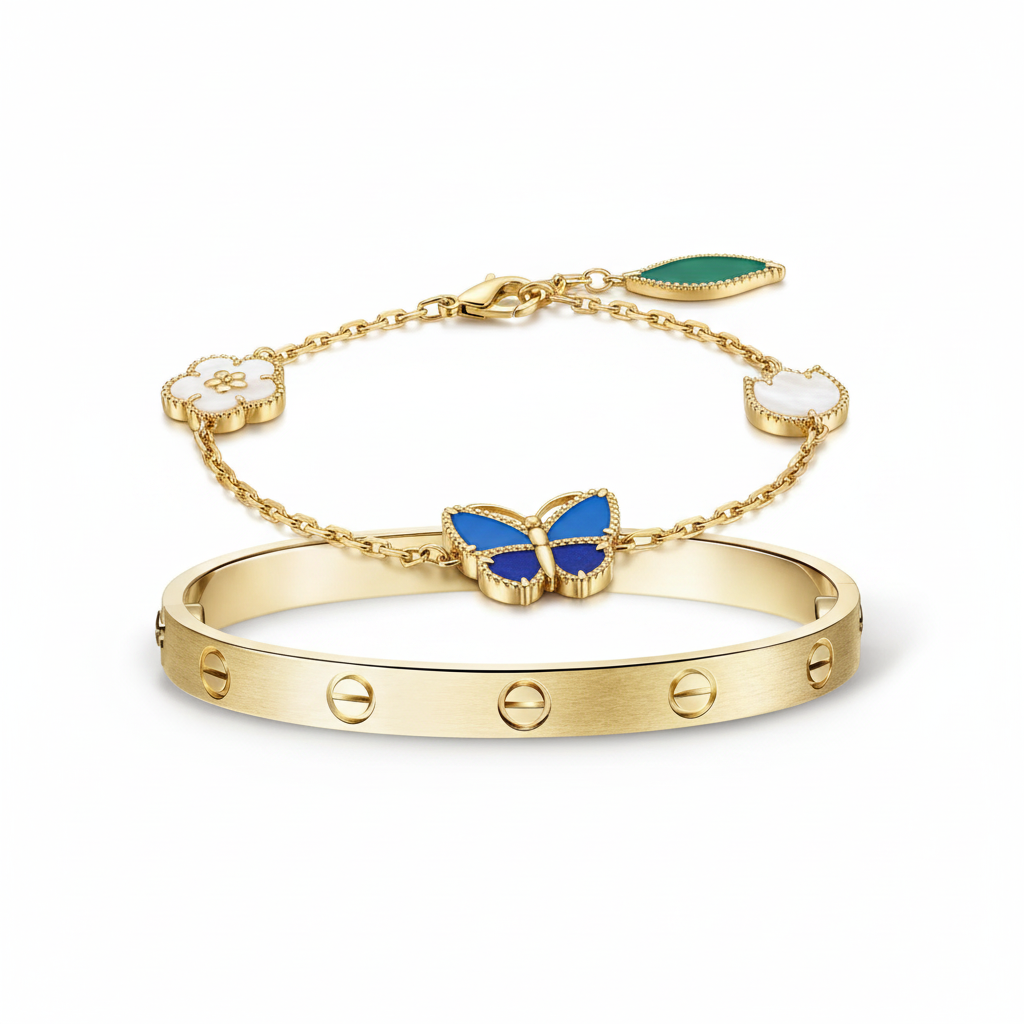 [Royal] LOVE Brushed & Lucky Spring Butterfly 5-Motif Bracelet Stack Set