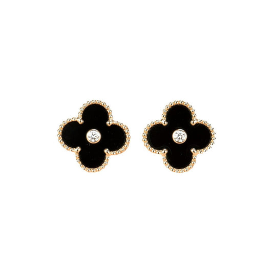 [Royal Jewellery]CLOVER MEDIUM 1 MOTIFS ONYX DIAMOND EARRINGS