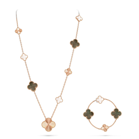 [Royal Jewellery]DETACHABLE CLOVER 15(11+4) FLOWER ROSE GOLD NECKLACE SET