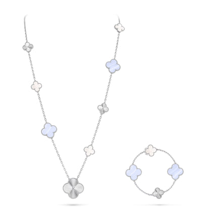 [Royal Jewellery]DETACHABLE CLOVER 15(11+4) FLOWER SILVER NECKLACE SET