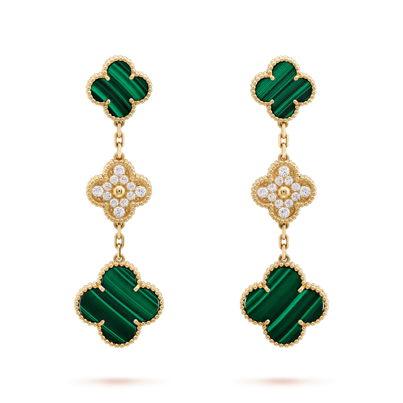 [Royal Jewellery]CLOVER EARRINGS GOLD MALACHITE DIAMOND 3 MOTIF