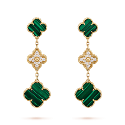 [Royal Jewellery]CLOVER EARRINGS GOLD MALACHITE DIAMOND 3 MOTIF