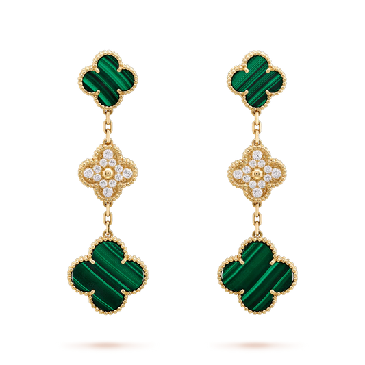 [Royal Jewellery]CLOVER EARRINGS GOLD MALACHITE DIAMOND 3 MOTIF