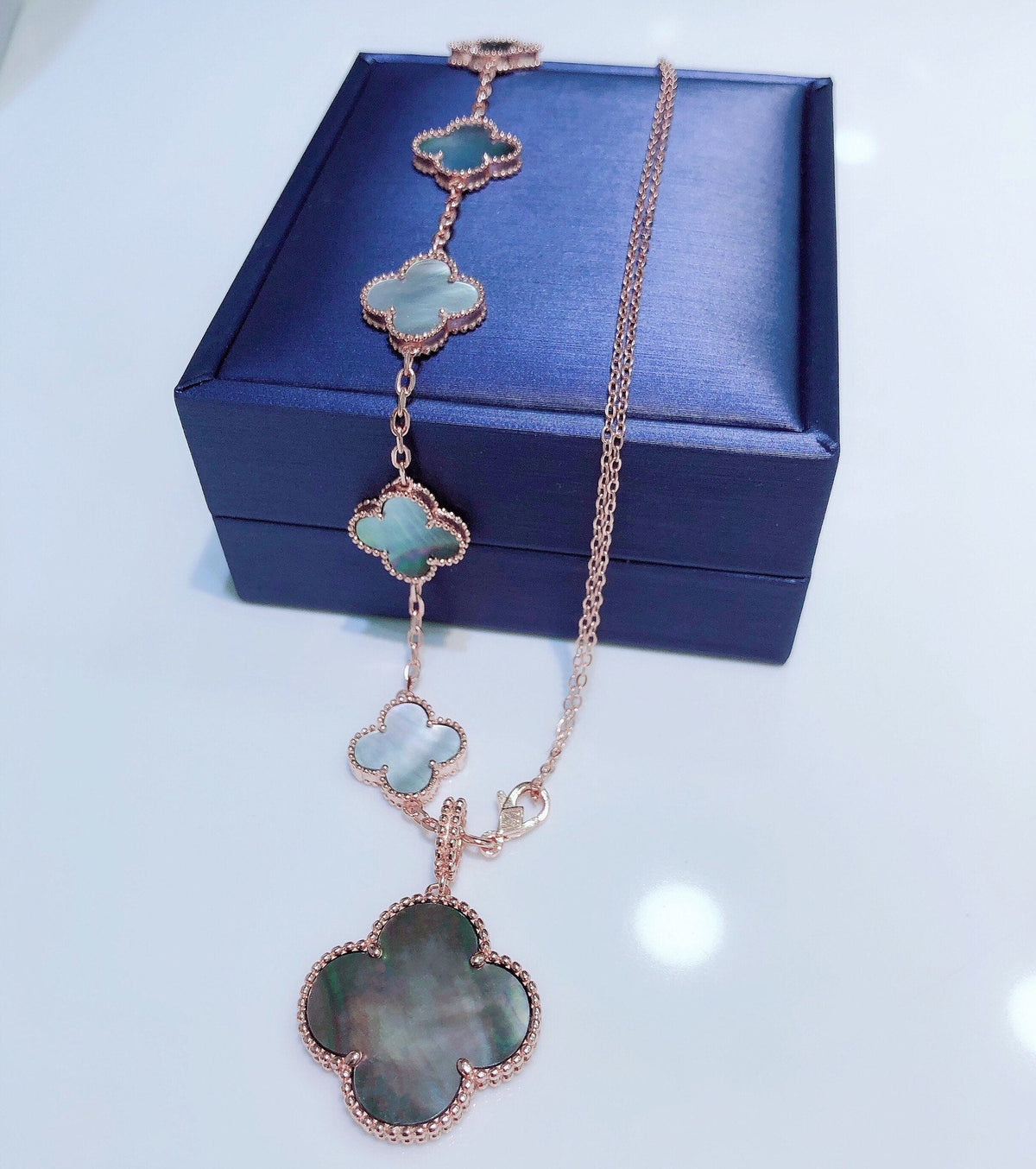 [Royal Jewellery]COMBINED BRACELET 5 MOTIFS AND NECKLACE DARK MOP ROSE GOLD