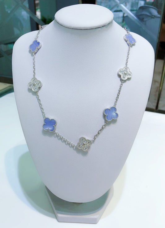 [Royal Jewellery]CLOVER 10 MOTIFS CHALCEDONY DIAMONDS SILVER NECKLACE