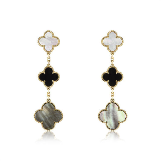 [Royal Jewellery]CLOVER EARRINGS GOLD ONYX MOP 3 MOTIF